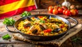 Spanish paella is displayed in a large round pan Royalty Free Stock Photo