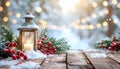 A wooden table dusted with snow features a lantern holding a lit candle. Space for text Royalty Free Stock Photo