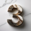 The image features a large number three crafted from marble with a mix of brown, white, and cream veining. Royalty Free Stock Photo