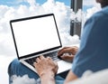 Man Using laptop with blank screen work on Blank screen computer Cloud computing Royalty Free Stock Photo