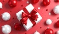 Winter Festive Design. White gift box decorated with a red bow in surrounding by glos Royalty Free Stock Photo