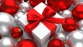 Winter Festive Design. White gift box decorated with a red bow in surrounding by glos Royalty Free Stock Photo