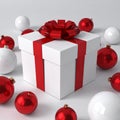 Winter Festive Design. White gift box decorated with a red bow in surrounding by glos Royalty Free Stock Photo