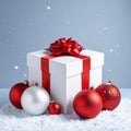 Winter Festive Design. White gift box decorated with a red bow in surrounding by glos Royalty Free Stock Photo