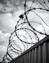 Barbed wire fencing on a sky background. Close up Royalty Free Stock Photo