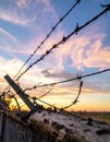 Barbed wire fencing on a sky background. Close up Royalty Free Stock Photo