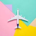 Passenger jet airplane, minimal concept, on funny colors paper with geometric shapes. Royalty Free Stock Photo