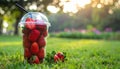 Soft Focus Strawberry in plastic cup in a park.- (Selective focus) Royalty Free Stock Photo