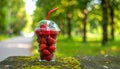 Soft Focus Strawberry in plastic cup in a park.- (Selective focus) Royalty Free Stock Photo