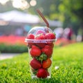 Soft Focus Strawberry in plastic cup in a park.- (Selective focus) Royalty Free Stock Photo