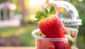 Soft Focus Strawberry in plastic cup in a park.- (Selective focus) Royalty Free Stock Photo