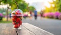 Soft Focus Strawberry in plastic cup in a park.- (Selective focus) Royalty Free Stock Photo
