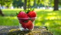 Soft Focus Strawberry in plastic cup in a park.- (Selective focus) Royalty Free Stock Photo