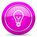 the glossy bulb icon - the pink glossy circle button with bulb pictogram - the idea bulb Royalty Free Stock Photo