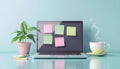 Modern Home Office Desk with Laptop and Sticky Note Reminders Royalty Free Stock Photo