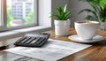 Financial Planning and Accounting Workspace with Morning Coffee Royalty Free Stock Photo