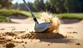 Dynamic Golf Bunker Shot with Sand Explosion Royalty Free Stock Photo