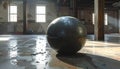 Mysterious Dark Sphere in Abandoned Industrial Hall Royalty Free Stock Photo