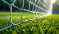 Dewy Soccer Goal Net and Grass at Sunrise Royalty Free Stock Photo