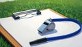 Coach\'s Whistle and Clipboard on Grass Field Royalty Free Stock Photo