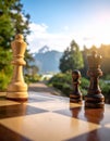 Chess pieces on wooden chess board, extreme handicap for white. Royalty Free Stock Photo
