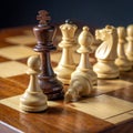 Chess pieces on wooden chess board, extreme handicap for white. Royalty Free Stock Photo