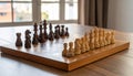 Chess pieces on wooden chess board, extreme handicap for white. Royalty Free Stock Photo
