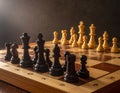 Chess pieces on wooden chess board, extreme handicap for white. Royalty Free Stock Photo