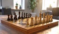 Chess pieces on wooden chess board, extreme handicap for white. Royalty Free Stock Photo