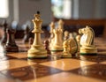 Chess pieces on wooden chess board, extreme handicap for white. Royalty Free Stock Photo