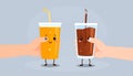 Cute orange softdrink and cola hold hand Illustration. modern simple food vector icon Royalty Free Stock Photo