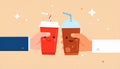 Cute orange softdrink and cola hold hand Illustration. modern simple food vector icon Royalty Free Stock Photo