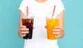 Cute orange softdrink and cola hold hand Illustration. modern simple food vector icon Royalty Free Stock Photo