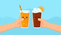 Cute orange softdrink and cola hold hand Illustration. modern simple food vector icon Royalty Free Stock Photo