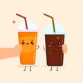 Cute orange softdrink and cola hold hand Illustration. modern simple food vector icon Royalty Free Stock Photo