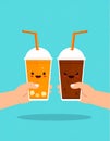 Cute orange softdrink and cola hold hand Illustration. modern simple food vector icon Royalty Free Stock Photo