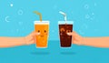 Cute orange softdrink and cola hold hand Illustration. modern simple food vector icon Royalty Free Stock Photo