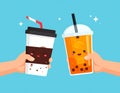 Cute orange softdrink and cola hold hand Illustration. modern simple food vector icon Royalty Free Stock Photo