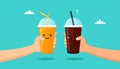 Cute orange softdrink and cola hold hand Illustration. modern simple food vector icon Royalty Free Stock Photo