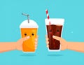 Cute orange softdrink and cola hold hand Illustration. modern simple food vector icon Royalty Free Stock Photo