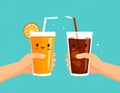 Cute orange softdrink and cola hold hand Illustration. modern simple food vector icon Royalty Free Stock Photo