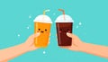 Cute orange softdrink and cola hold hand Illustration. modern simple food vector icon Royalty Free Stock Photo