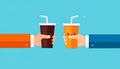 Cute orange softdrink and cola hold hand Illustration. modern simple food vector icon Royalty Free Stock Photo