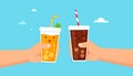 Cute orange softdrink and cola hold hand Illustration. modern simple food vector icon Royalty Free Stock Photo