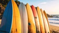 Surfboards Lined Up on a Beach at Sunset Royalty Free Stock Photo