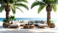 Luxury U-shaped sectional sofa on a deck overlooking a tropical beach, generated by AI. Royalty Free Stock Photo