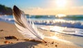 Feather on a beach at sunset, generated by AI Royalty Free Stock Photo
