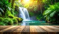 Serene Jungle Waterfall with Wooden Table Royalty Free Stock Photo