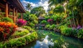 Tropical Paradise Garden with Pond and Bridge Royalty Free Stock Photo