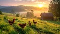 Sunrise over a Rural Farm with Chickens Royalty Free Stock Photo